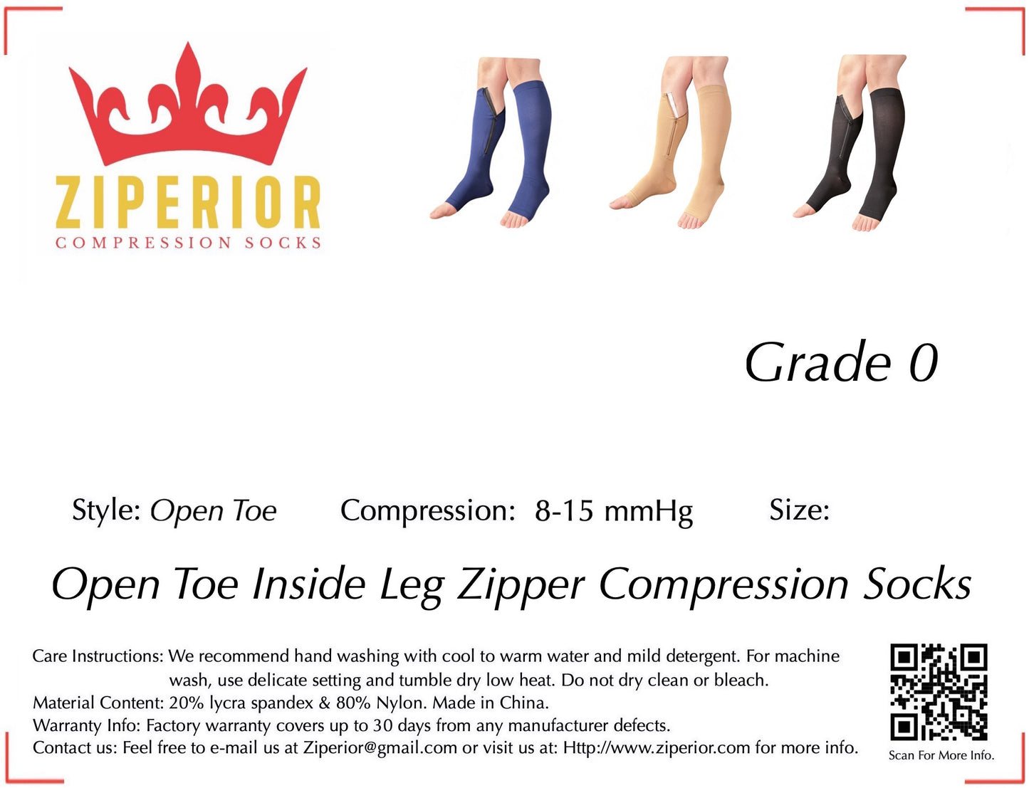 Ziperior 8-15 mmHg Compression Grade Calf Inside Leg Zipper Open Toe Socks