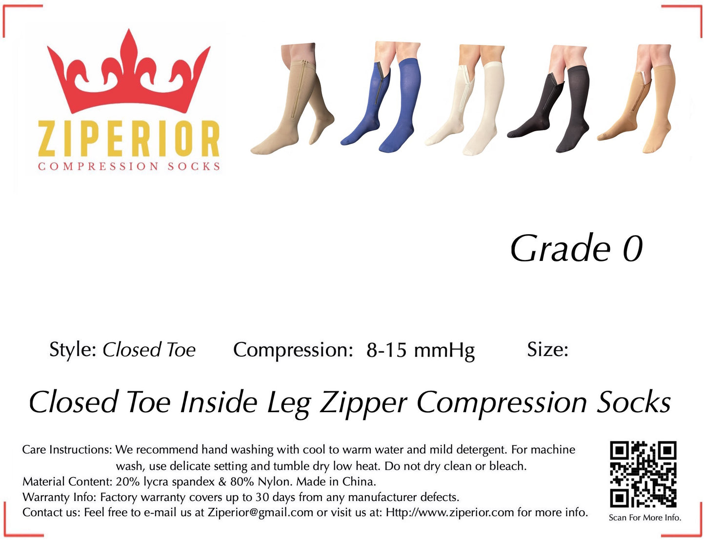 Ziperior 8-15 mmHg Compression Grade Calf Inside Leg Zipper Closed Toe Socks