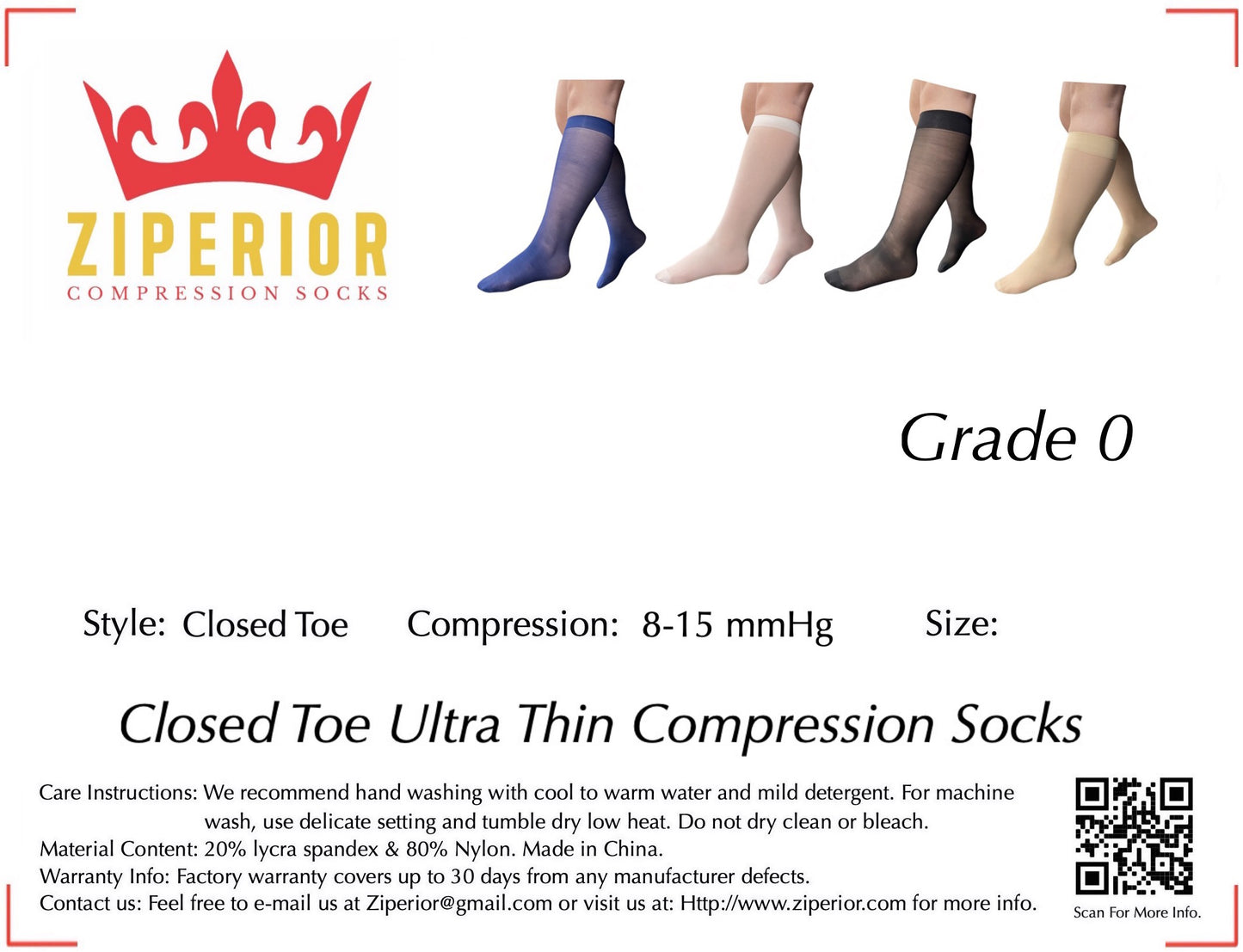 Ziperior 8-15 mmHg Sheer Compression Calf Shin Leg Ultra Thin Closed Toe Socks