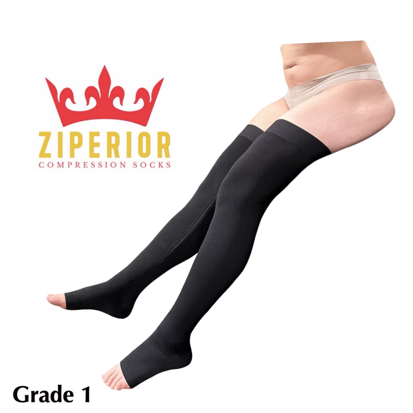 Ziperior Thigh High 15-20 mmHg Compression Wide Calf Inside Leg Zipper Open Toe Stocking