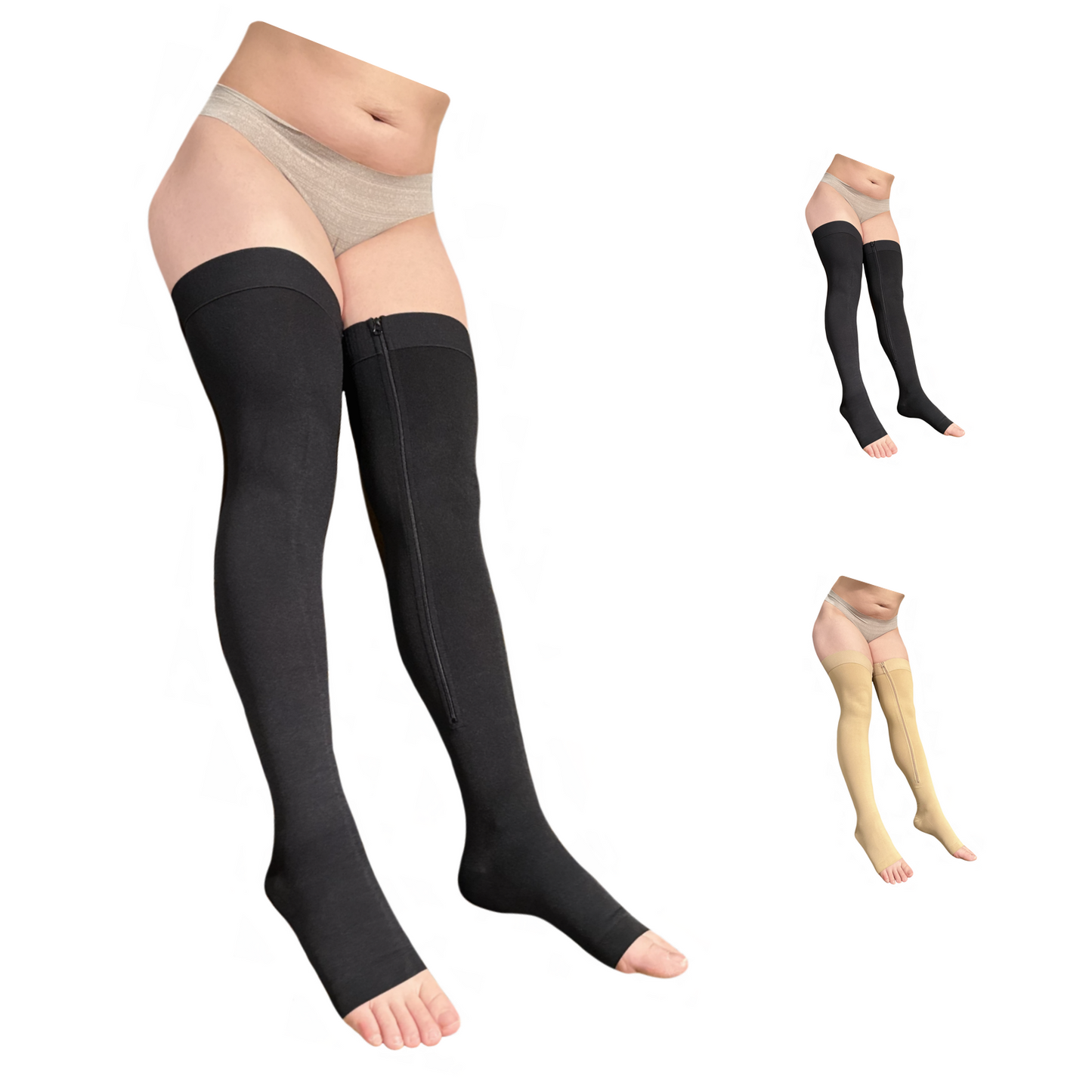 Ziperior Thigh High 20-30 mmHg Compression Wide Calf Inside Leg Zipper Open Toe Stocking