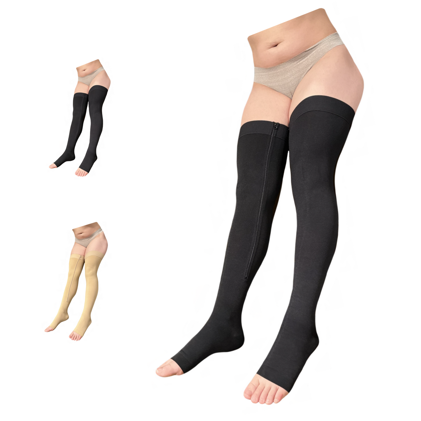 Ziperior Thigh High 15-20 mmHg Compression Wide Calf Inside Leg Zipper Open Toe Stocking