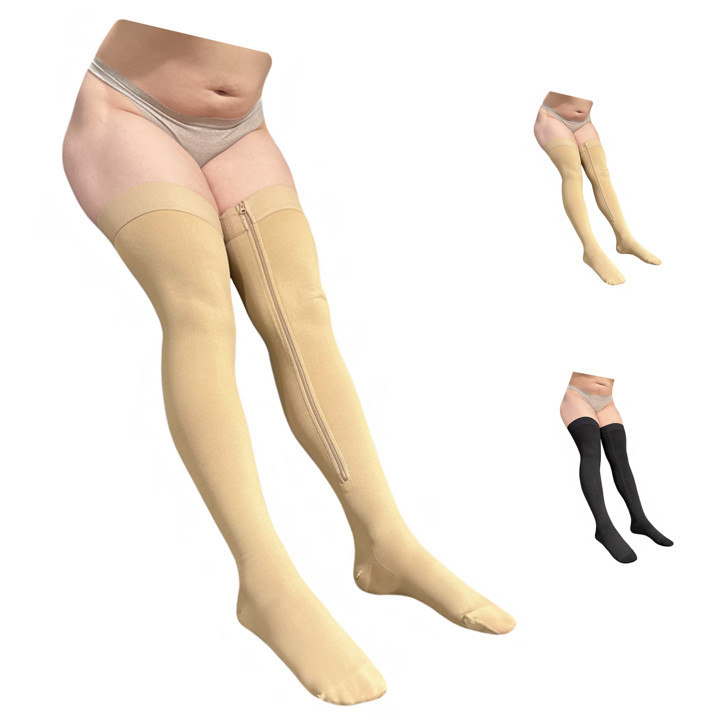 Ziperior Closed Toe 20-30 mmHg Compression Inside Leg Zipper Wide Thigh High Stocking