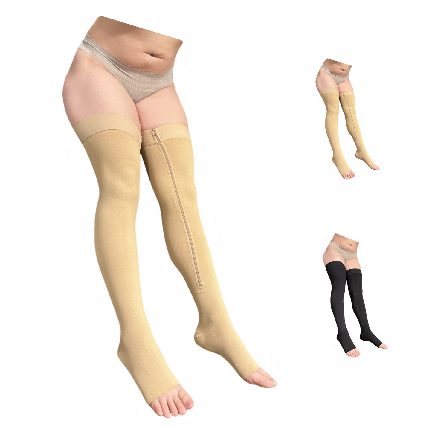 Ziperior Thigh High 20-30 mmHg Compression Wide Calf Inside Leg Zipper Open Toe Stocking