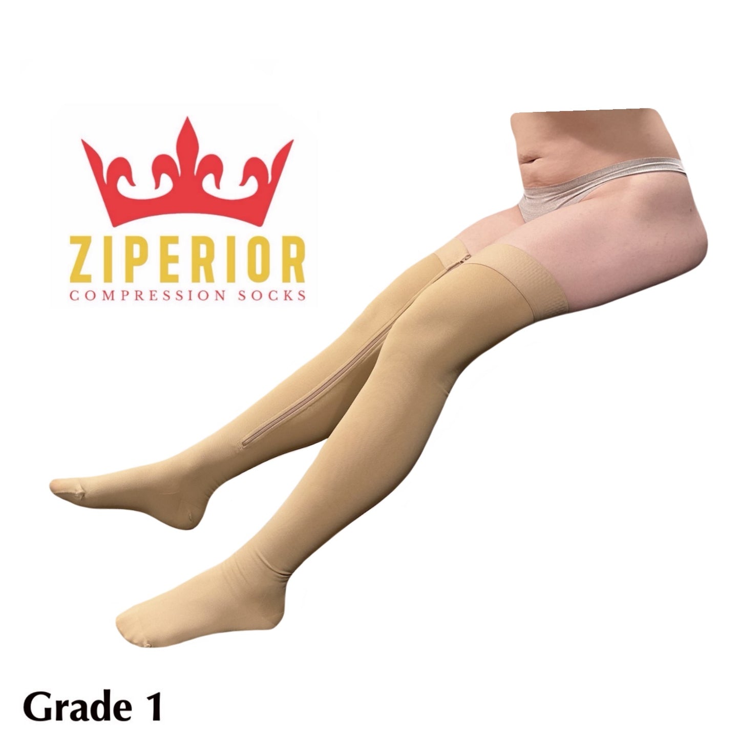 Ziperior Closed Toe Thigh High 15-20 mmHg Compression Wide Leg Inside Zipper Stocking