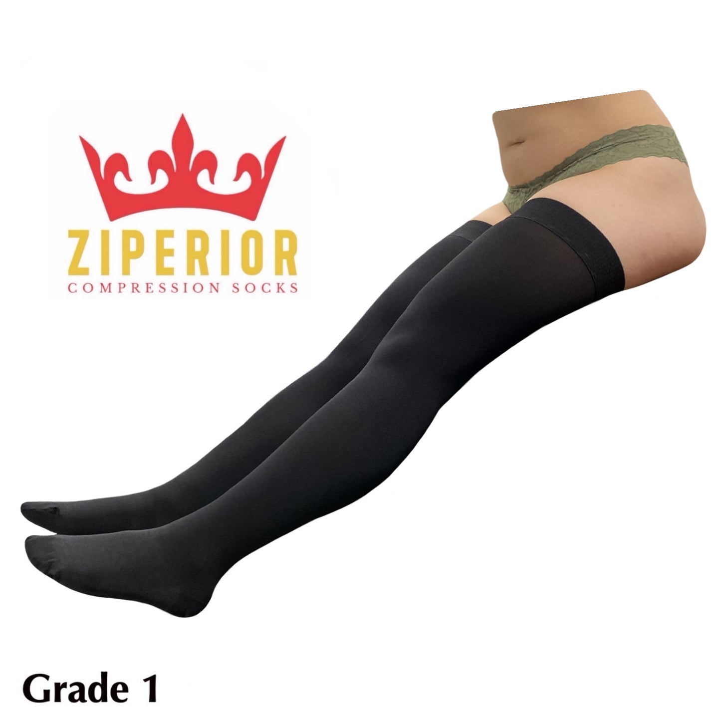 Ziperior Closed Toe Thigh High 15-20 mmHg Compression Wide Leg Inside Zipper Stocking