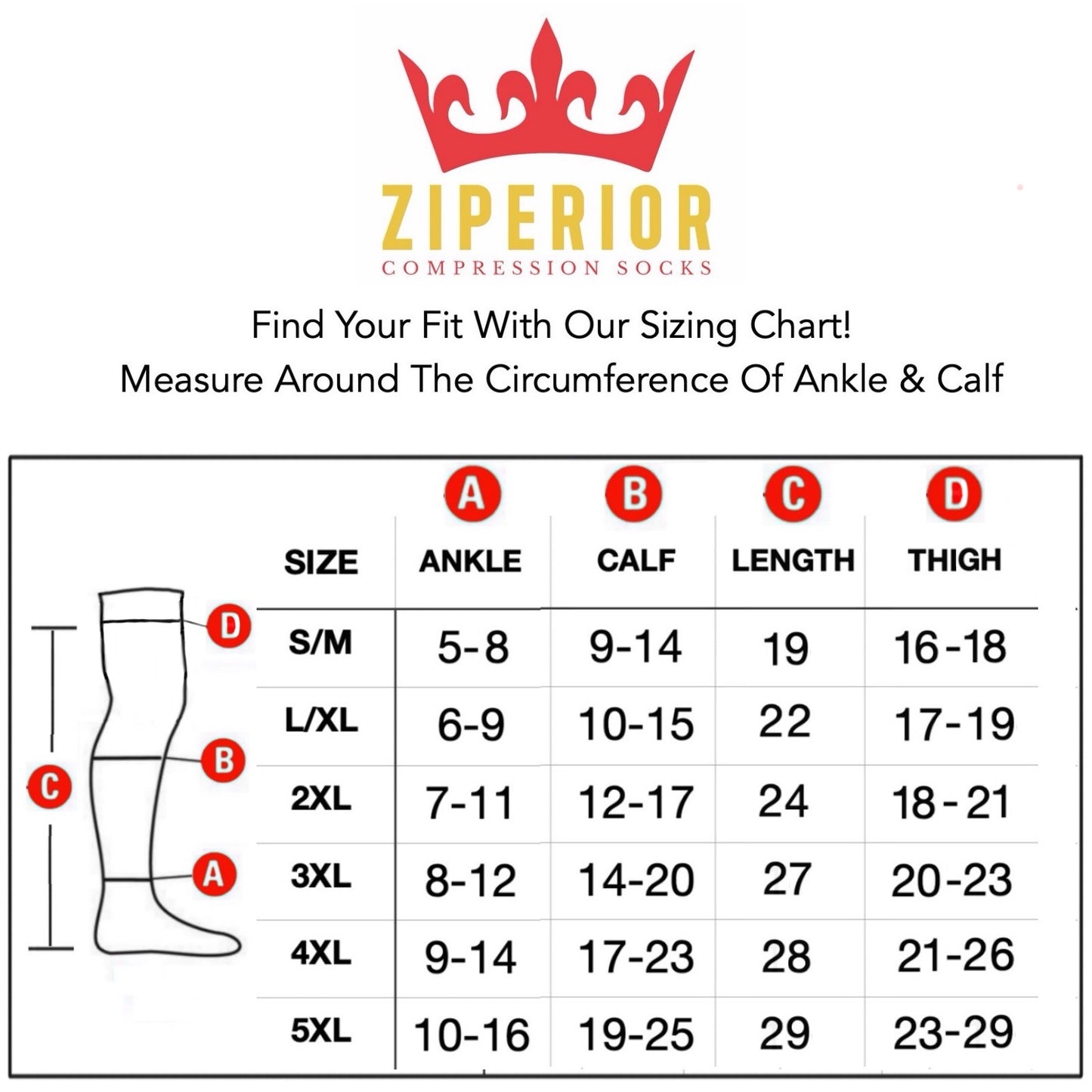Ziperior Closed Toe Thigh High 15-20 mmHg Compression Wide Leg Inside Zipper Stocking