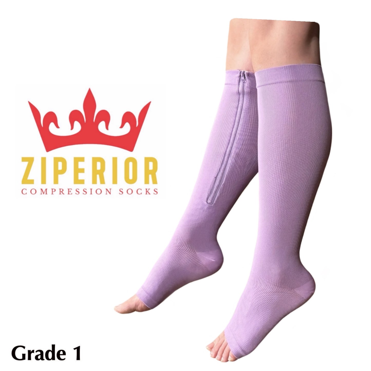 Ziperior Open Toe 15-20 mmHg Compression Inside Zipper Leg Men Women 1 Pair Lavender Socks
