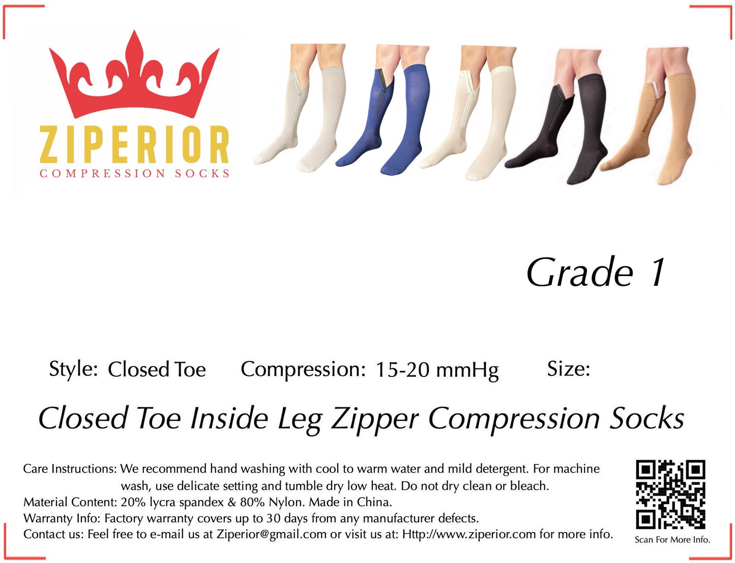 Ziperior Closed Toe 15-20 mmHg Compression Grade Calf Inside Leg Zipper Socks