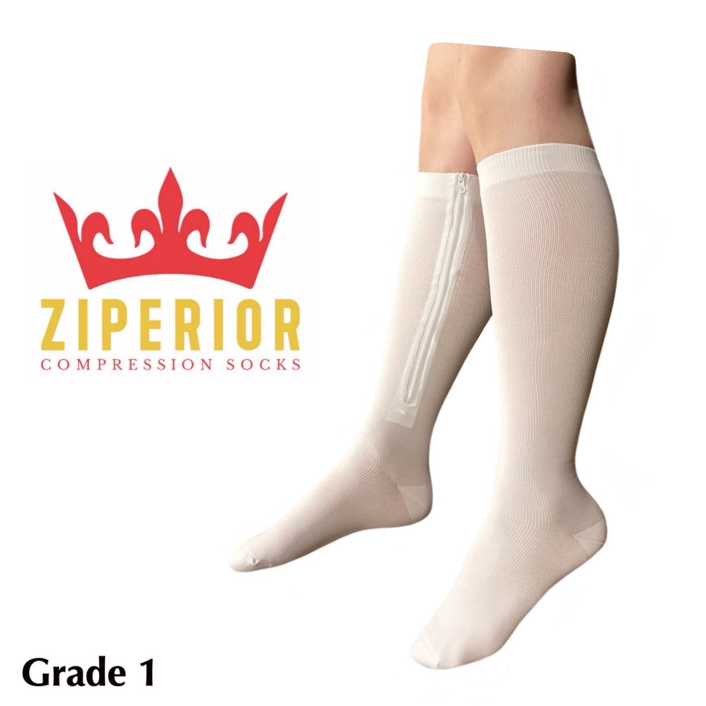 Ziperior Closed Toe 15-20 mmHg Compression White Navy Gray Inside Zipper Socks