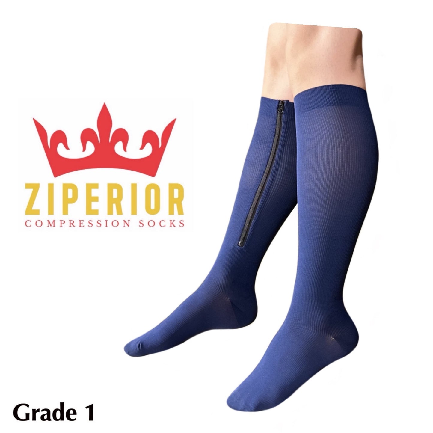 Ziperior Closed Toe 15-20 mmHg Compression White Navy Gray Inside Zipper Socks