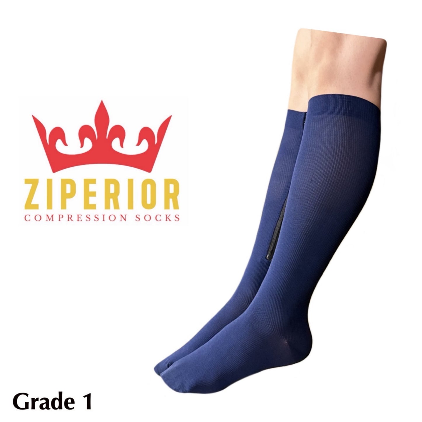 Ziperior Closed Toe 15-20 mmHg Compression White Navy Gray Inside Zipper Socks