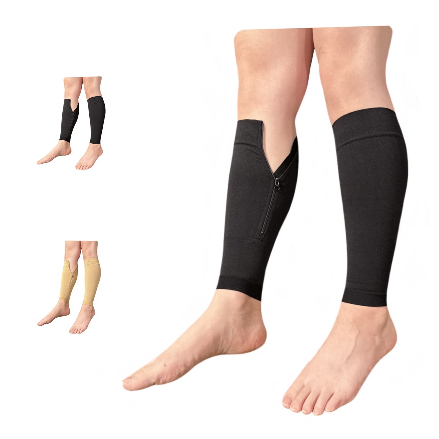 Ziperior 15-20 mmHg Compression Shin Calf No Foot Inside Leg Zipper Sleeves