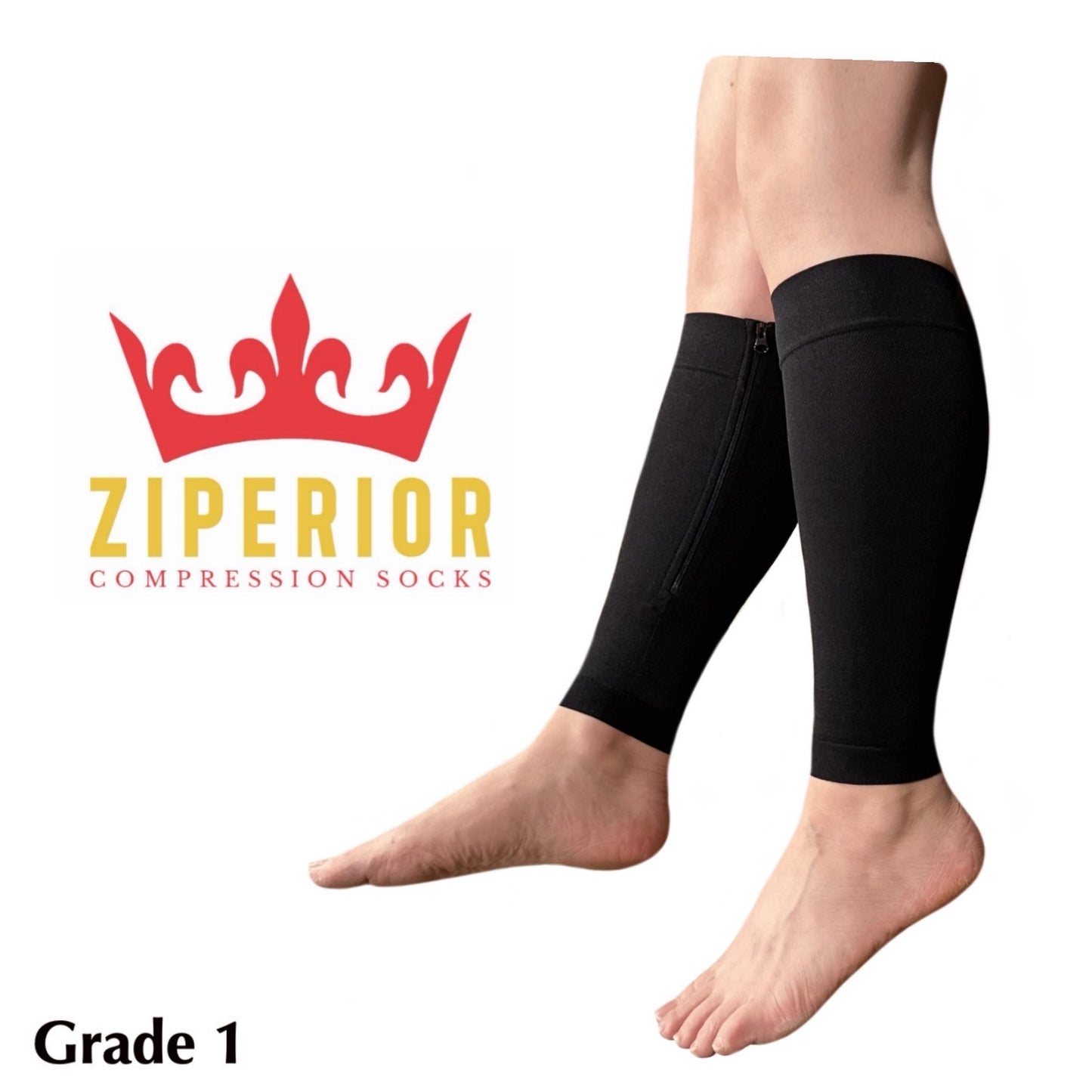 Ziperior 15-20 mmHg Compression Shin Calf No Foot Inside Leg Zipper Sleeves