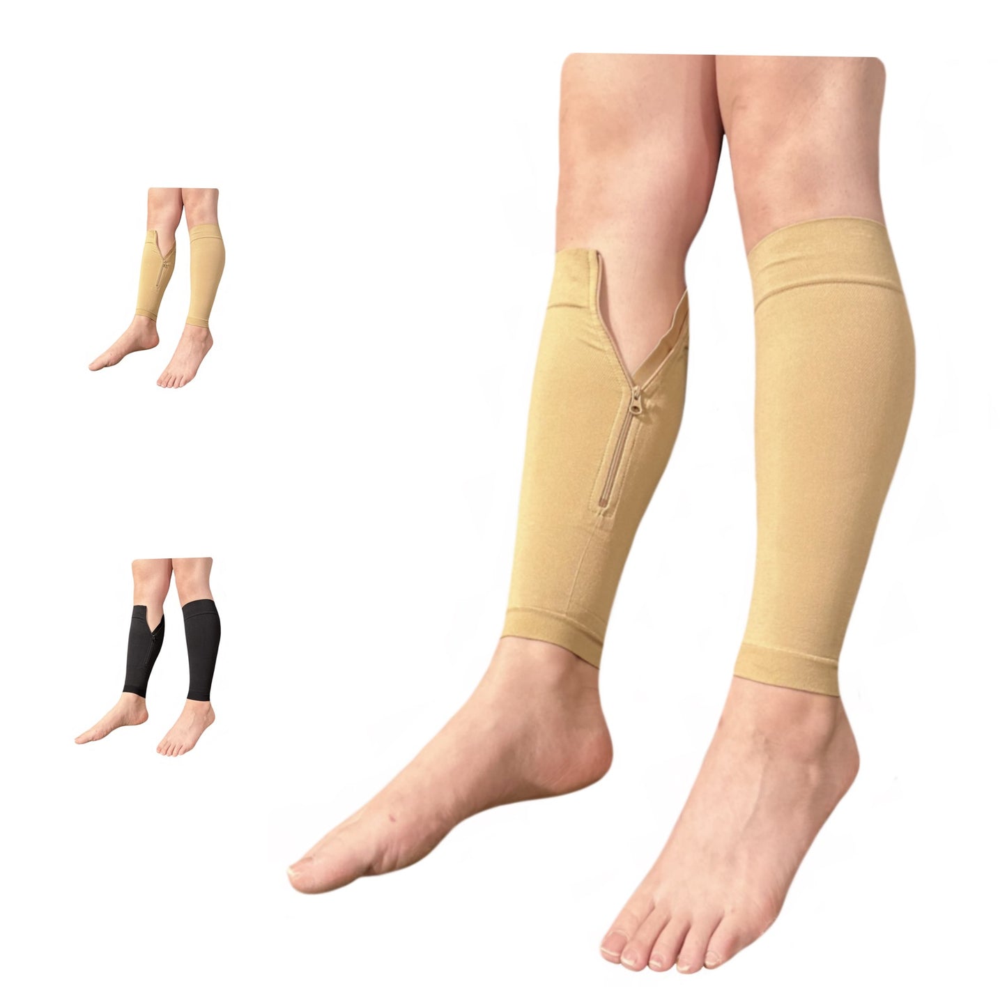 Ziperior 15-20 mmHg Compression Shin Calf No Foot Inside Leg Zipper Sleeves