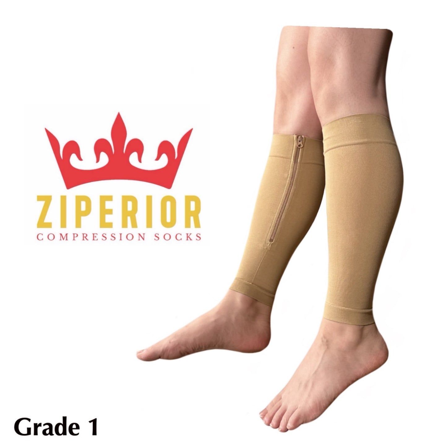 Ziperior 15-20 mmHg Compression Shin Calf No Foot Inside Leg Zipper Sleeves