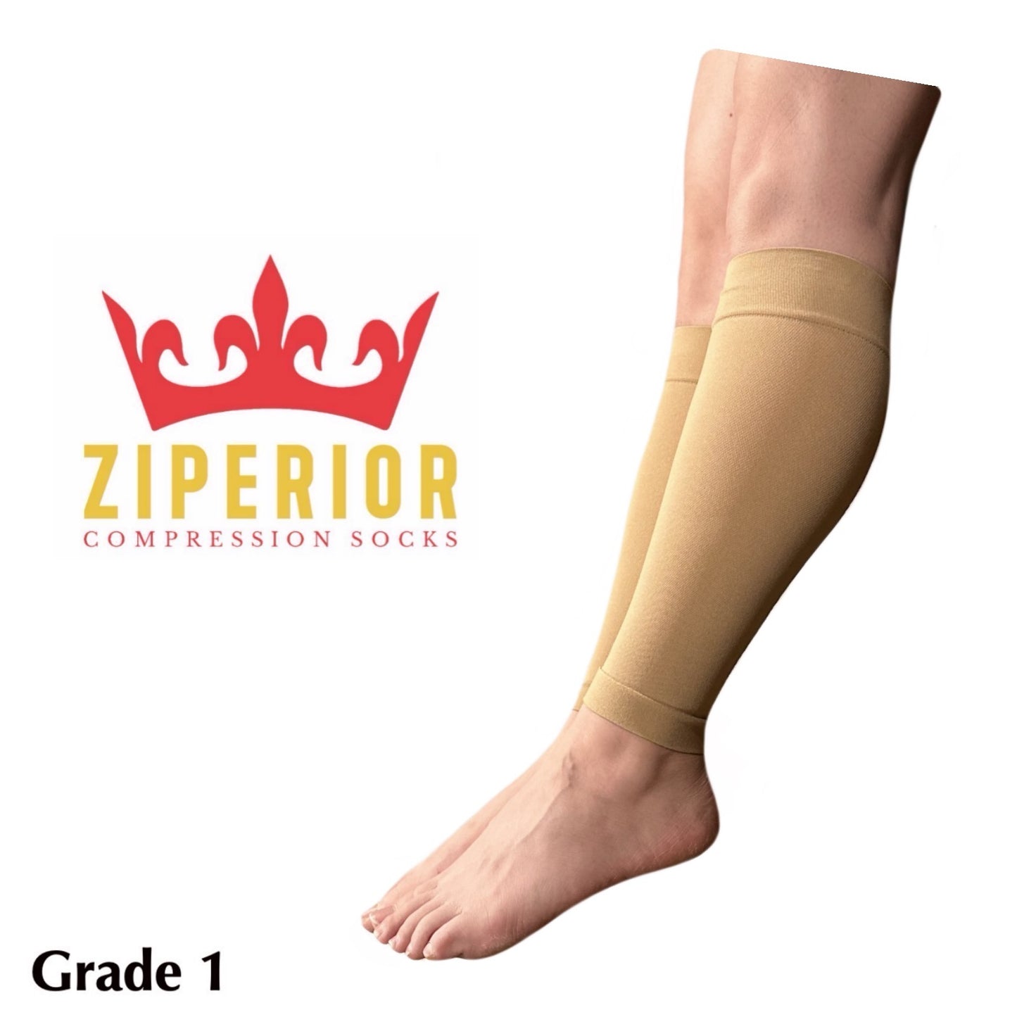 Ziperior 15-20 mmHg Compression Shin Calf No Foot Inside Leg Zipper Sleeves