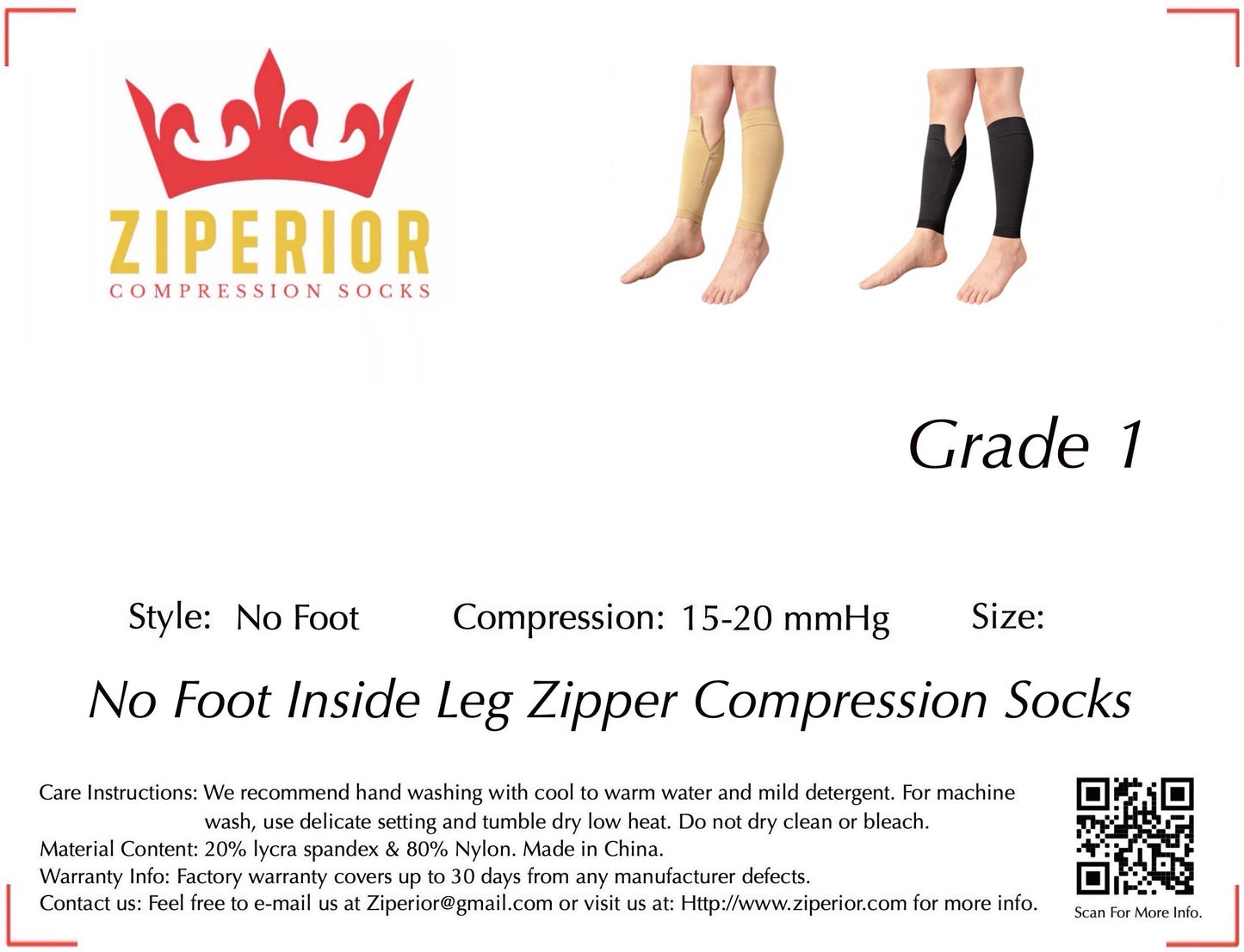 Ziperior 15-20 mmHg Compression Shin Calf No Foot Inside Leg Zipper Sleeves