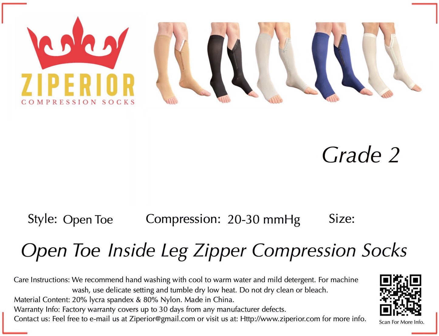 Ziperior Inside Leg Zipper 20-30 mmHg Compression Grade Calf Open Toe Socks