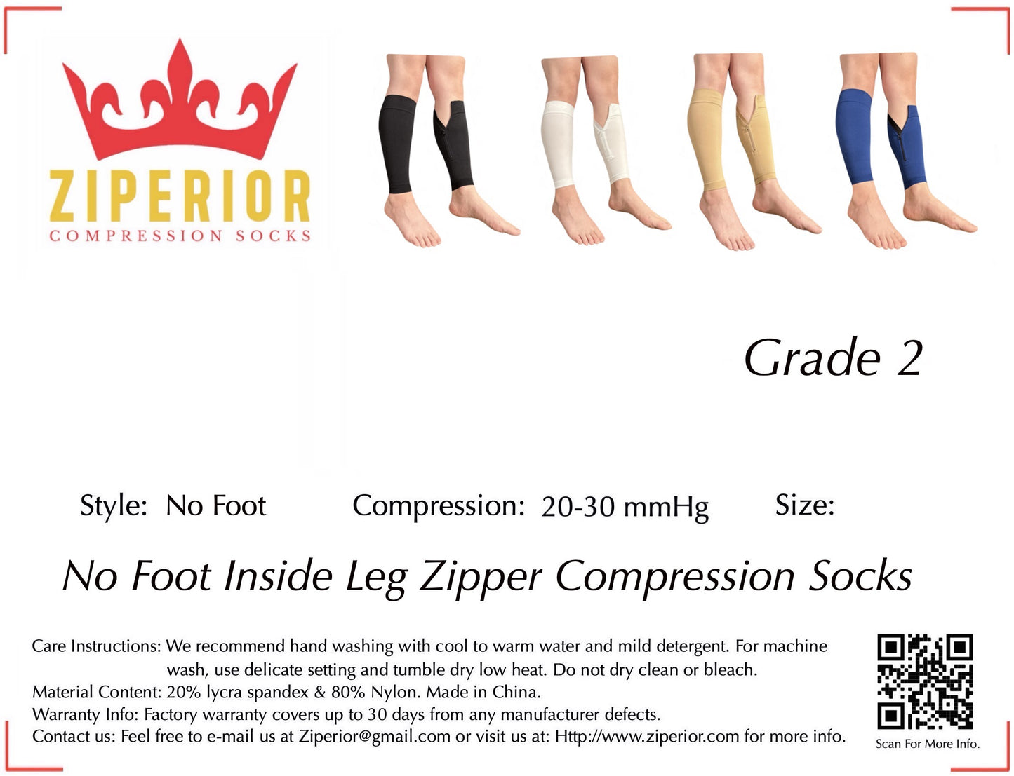 Ziperior Inside Leg 20-30 mmHg Compression Shin Calf No Foot Zipper Sleeves
