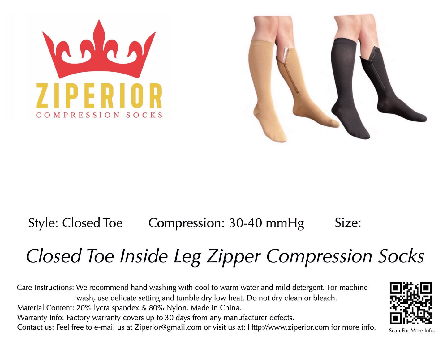 Ziperior Inside Leg Zipper 30-40 mmHg Compression Grade 3 Calf Closed Toe Socks