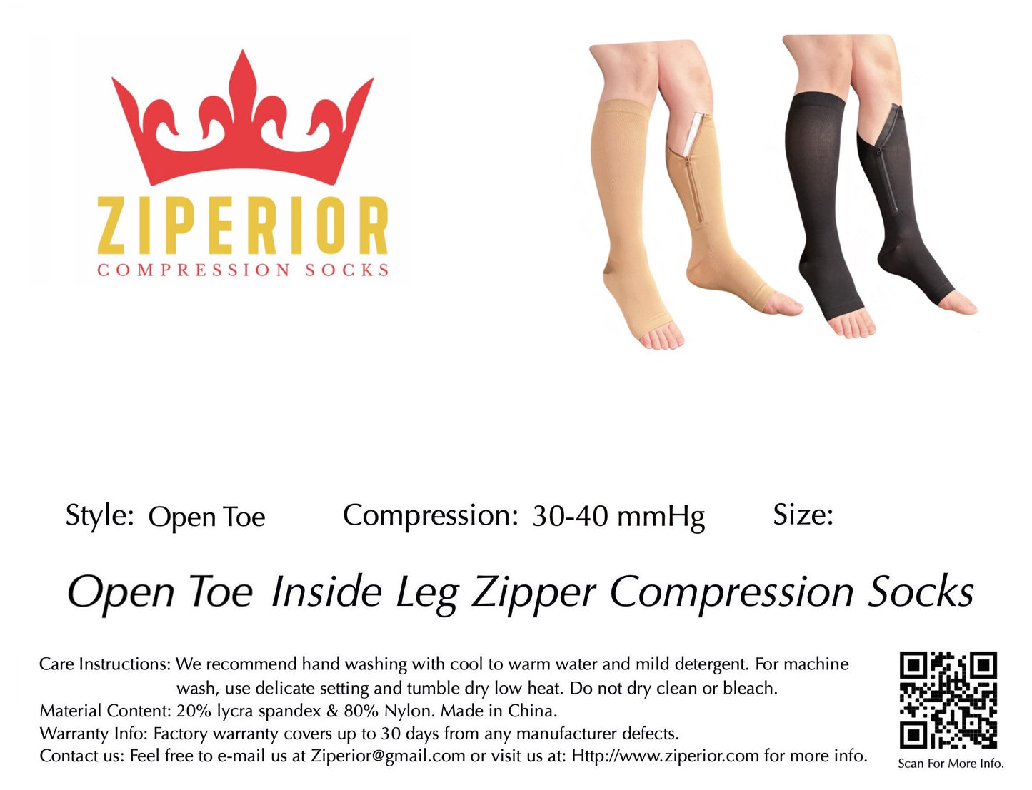 Ziperior Open Toe Inside Leg Calf Zipper 30-40 mmHg Grade 3 Compression Socks