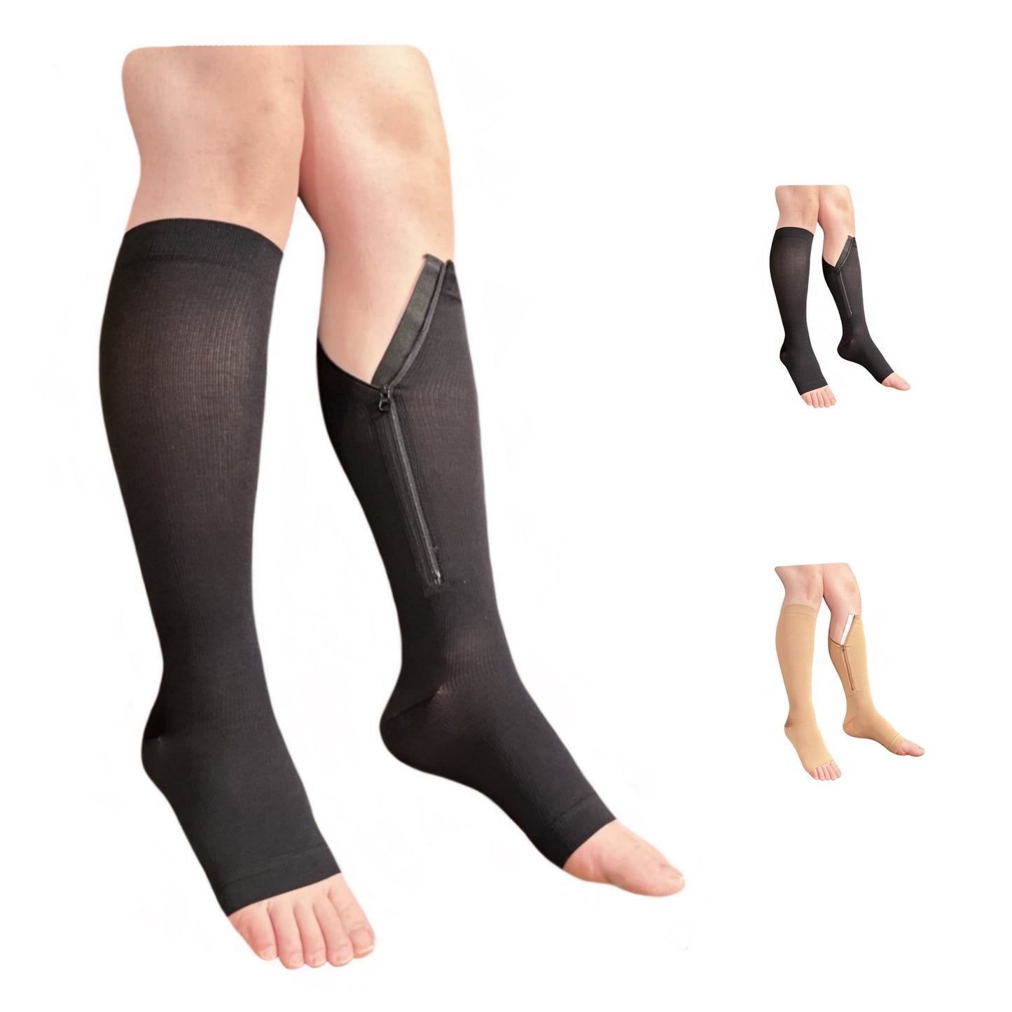 Ziperior Inside Leg Zipper 20-30 mmHg Compression Grade Calf Open Toe Socks