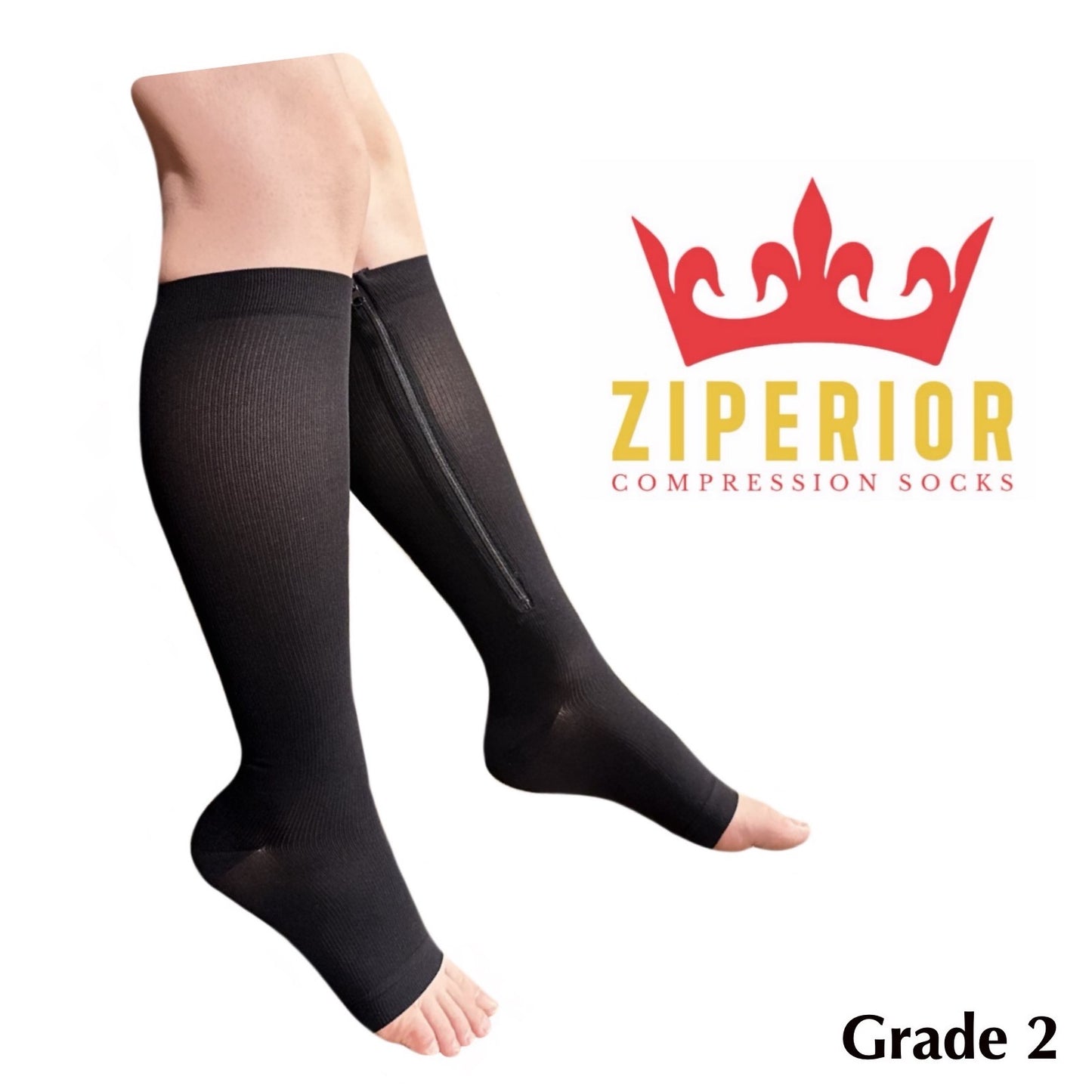 Ziperior Inside Leg Zipper 20-30 mmHg Compression Grade Calf Open Toe Socks