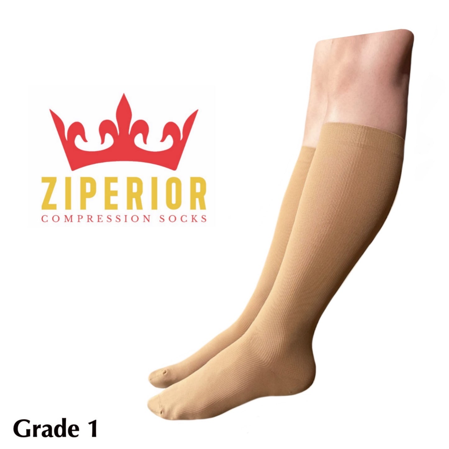 Ziperior Closed Toe 15-20 mmHg Compression Grade Calf Inside Leg Zipper Socks