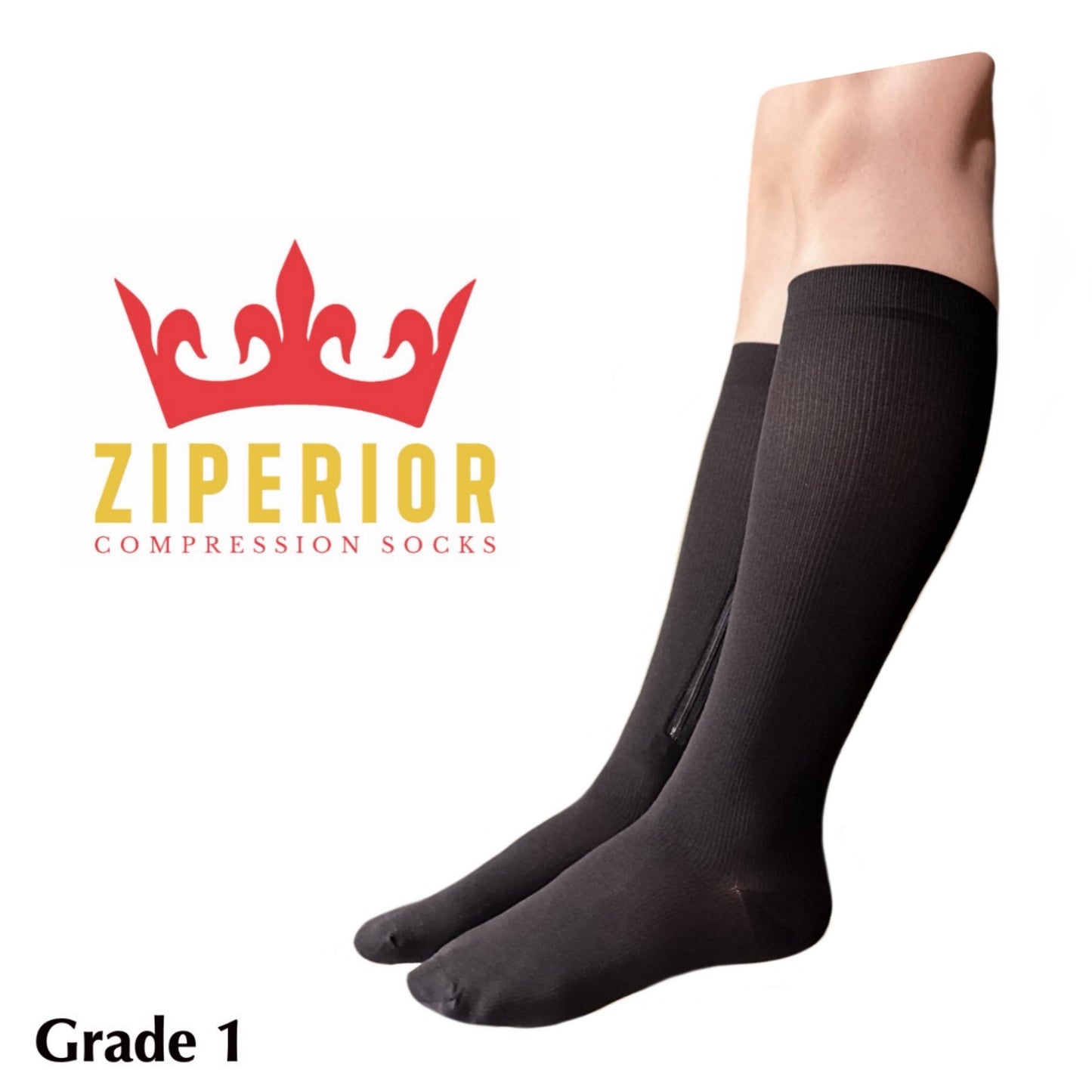 Ziperior Closed Toe 15-20 mmHg Compression Grade Calf Inside Leg Zipper Socks