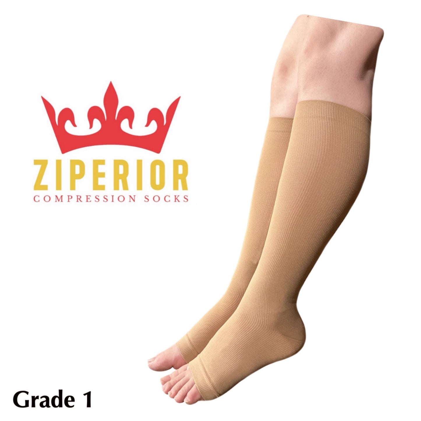 Ziperior Open Toe 15-20 mmHg Compression Grade Calf Pain Leg Inside Zipper Socks