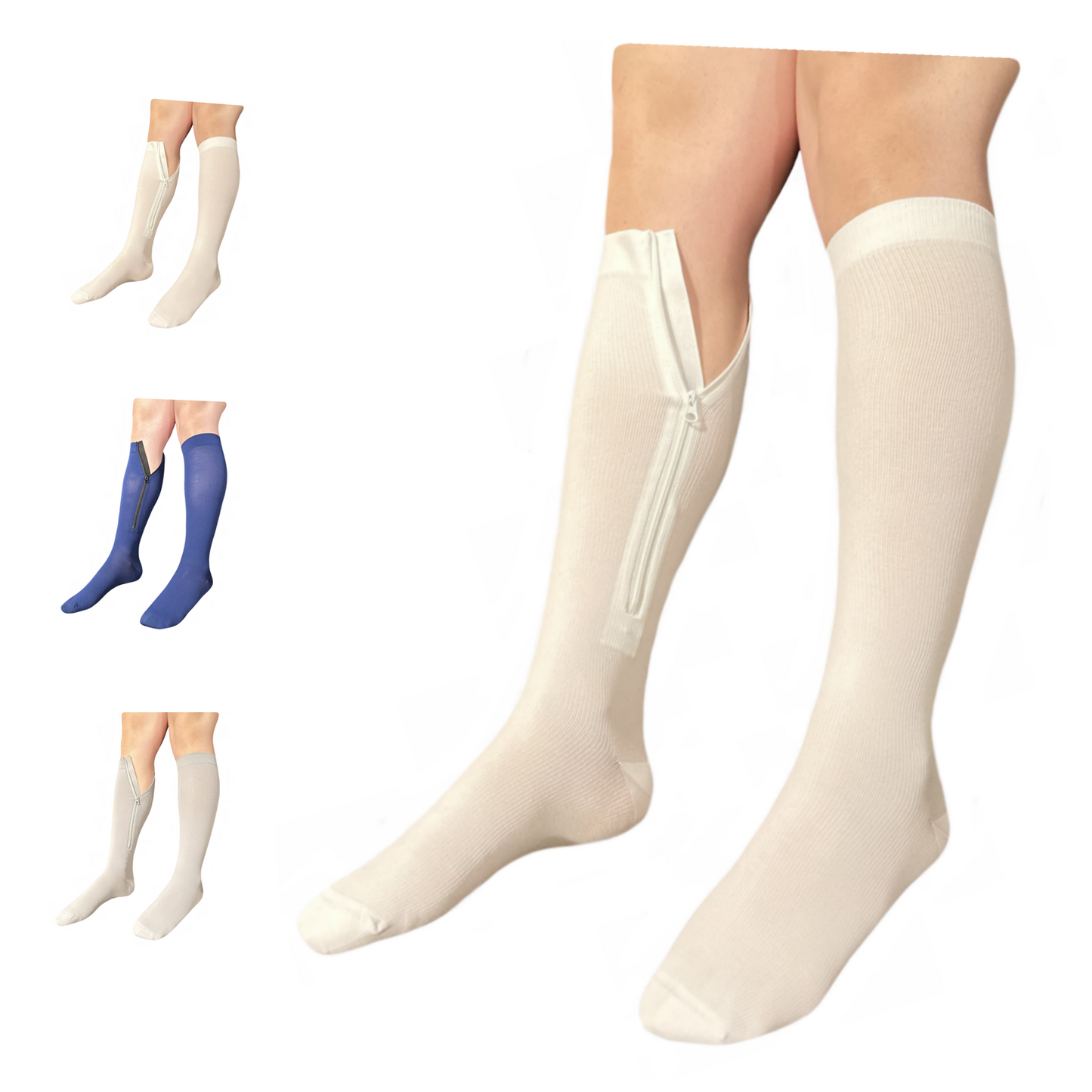 Ziperior Closed Toe 15-20 mmHg Compression White Navy Gray Inside Zipper Socks