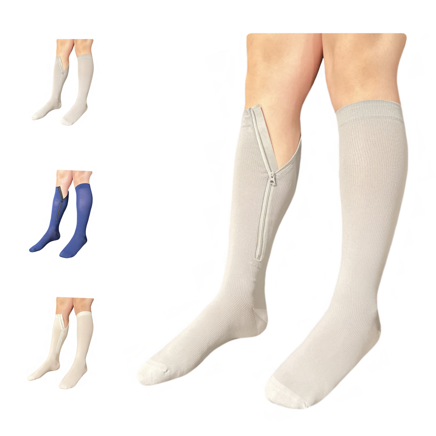 Ziperior Closed Toe 15-20 mmHg Compression White Navy Gray Inside Zipper Socks