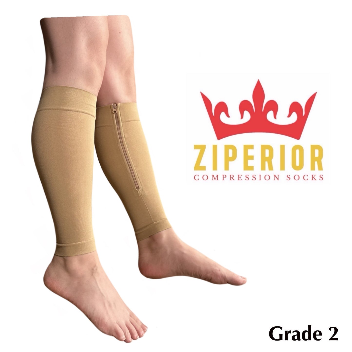 Ziperior Inside Leg 20-30 mmHg Compression Shin Calf No Foot Zipper Sleeves