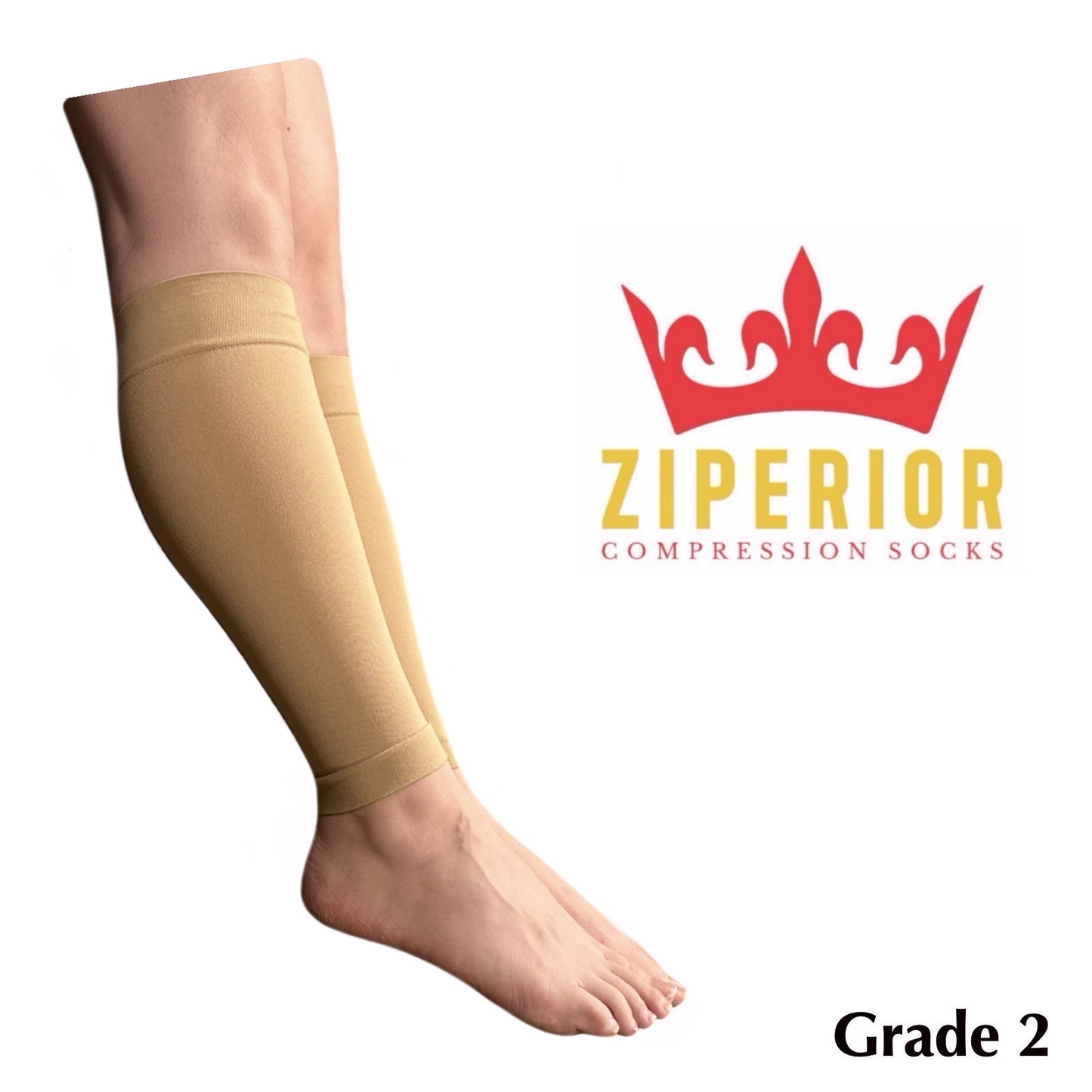 Ziperior Inside Leg 20-30 mmHg Compression Shin Calf No Foot Zipper Sleeves