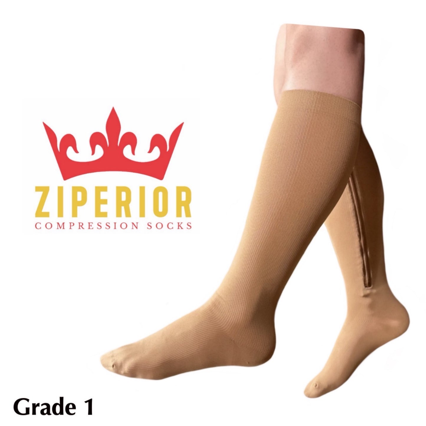 Ziperior Closed Toe 15-20 mmHg Compression Grade Calf Inside Leg Zipper Socks