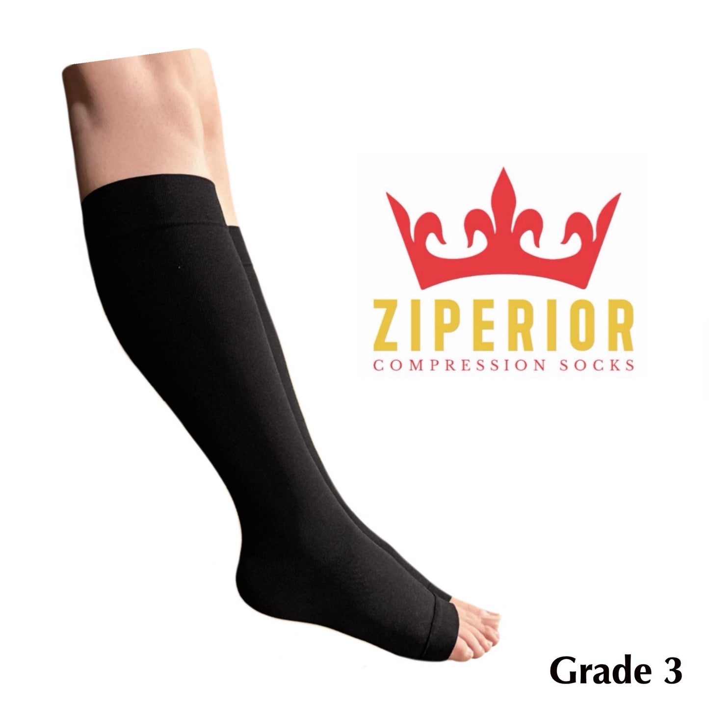Big Tall Open Toe Inside Leg Zipper 30-40 mmHg Compression Grade 3 Large Wide Calf Socks