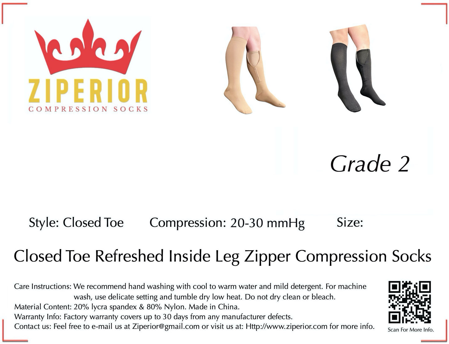 Ziperior Refreshed 20-30 mmHg Compression Grade 2 Inside Leg Pain Circulation Zipper Closed Toe Socks