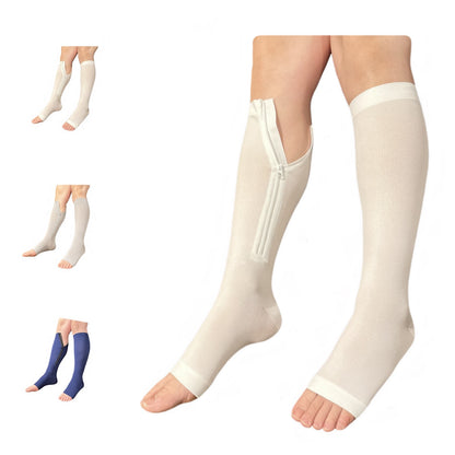 Ziperior Open Toe 15-20 mmHg Compression White Navy Gray Inside Leg Zipper Socks