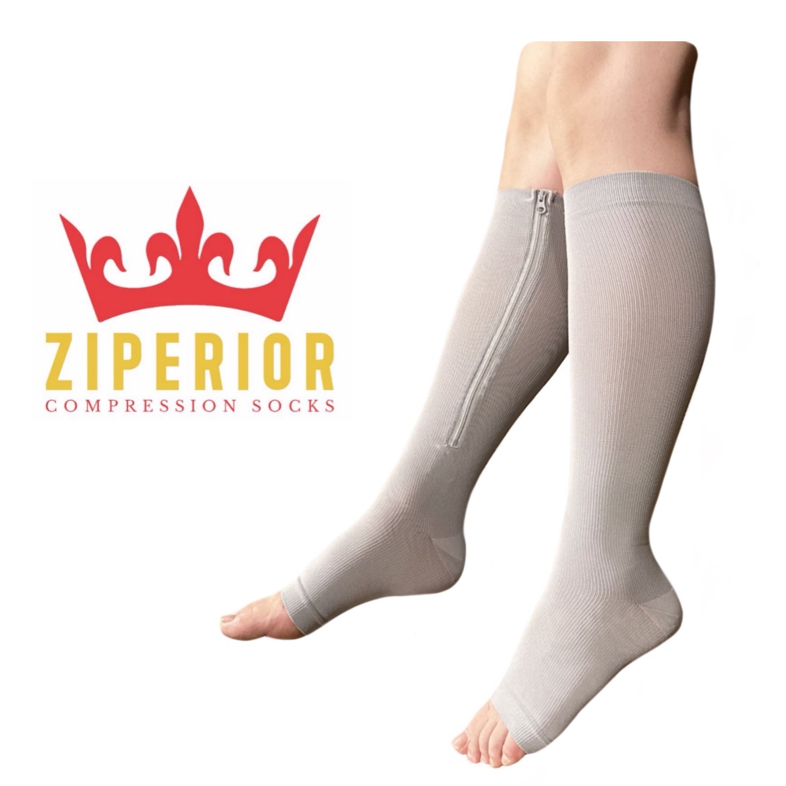 Ziperior Inside Leg Zipper Compression Socks - 20-30 MmHg Open Toe For Calf, Varicose Veins & Swelling